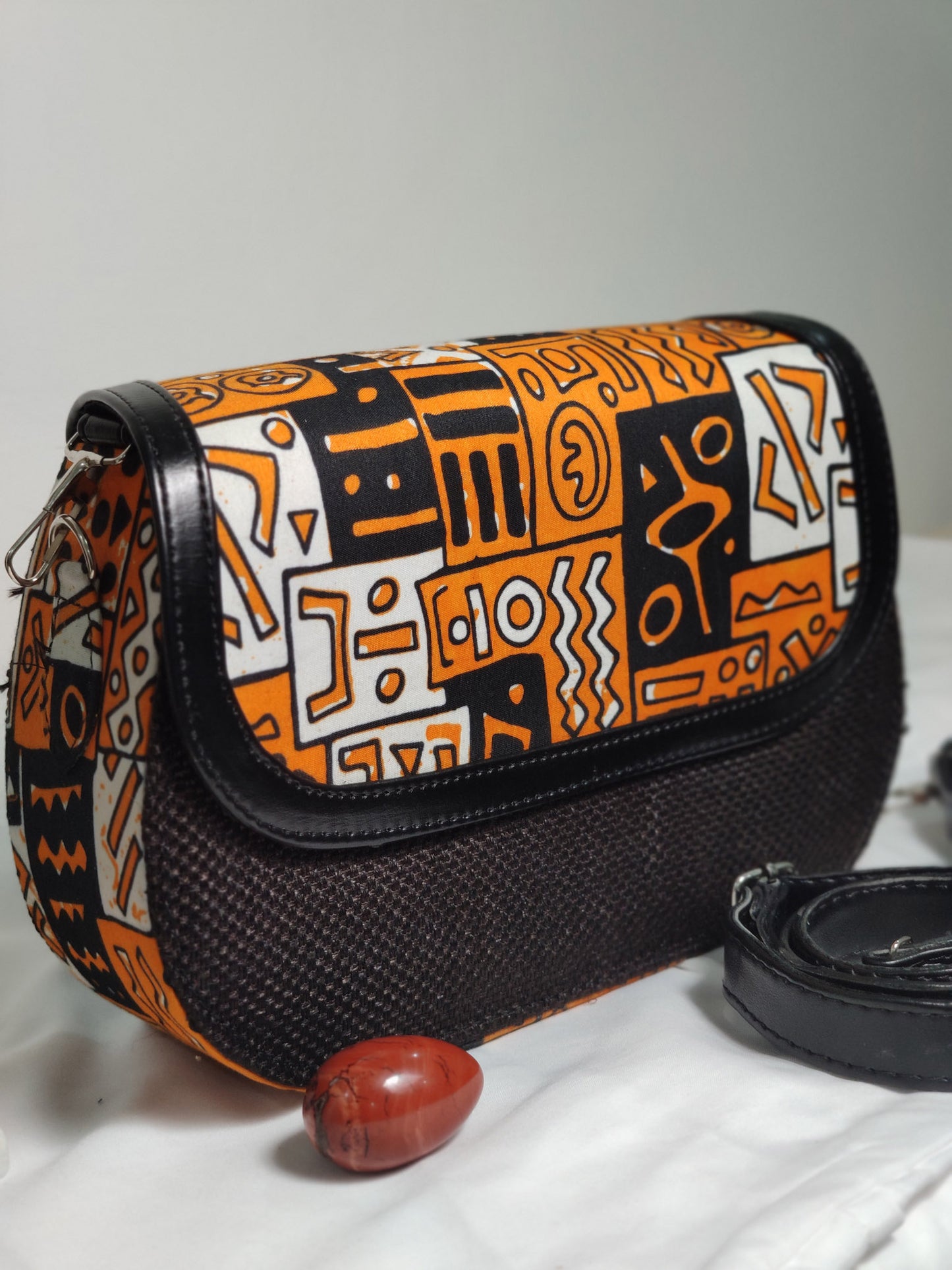 Ojo Raffia + Ankara Saddle Bag