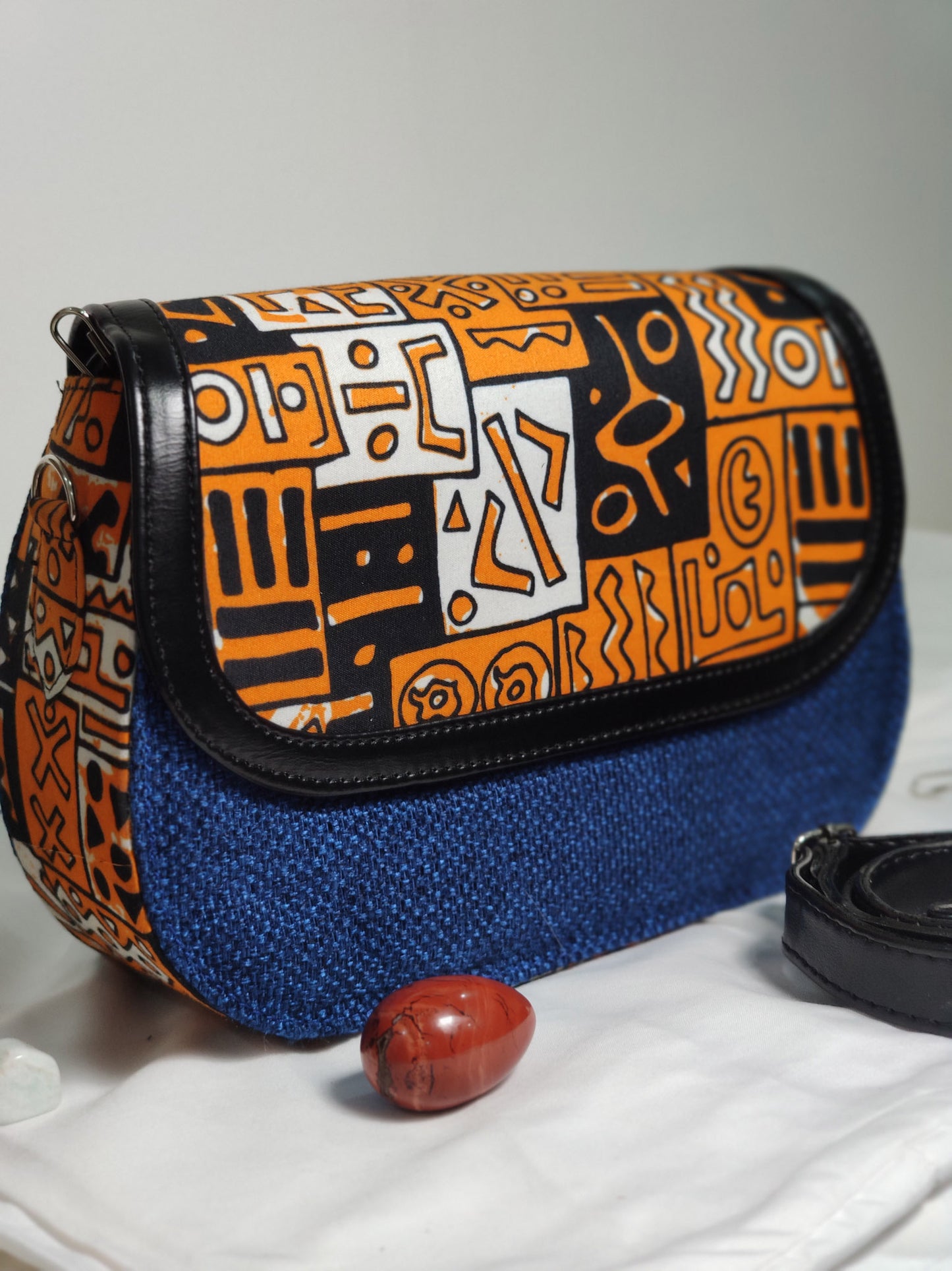 Ojo Raffia + Ankara Saddle Bag