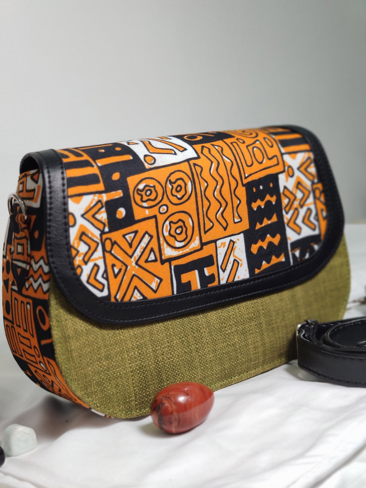 Ojo Raffia + Ankara Saddle Bag