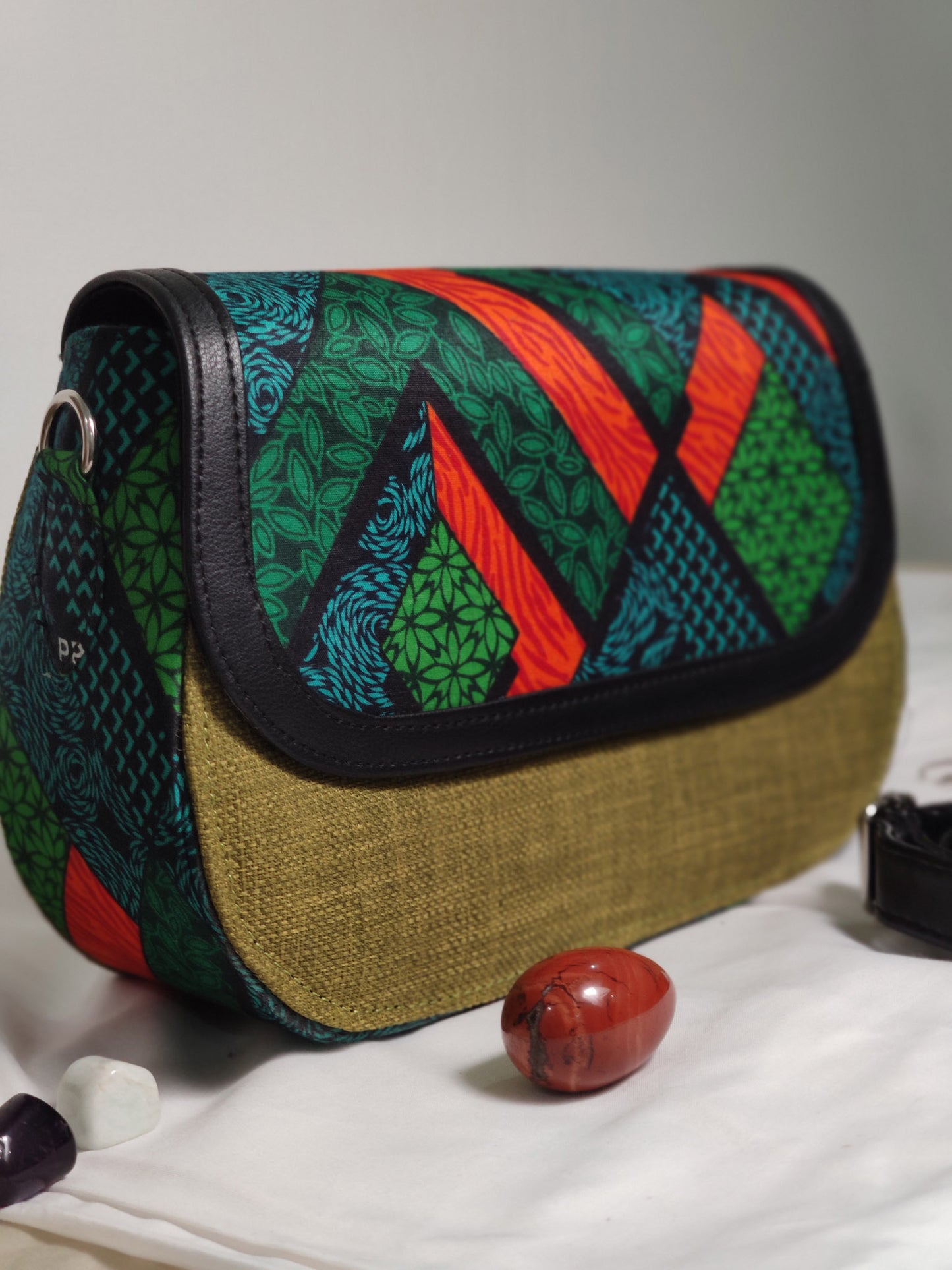 Ojo Raffia + Ankara Saddle Bag